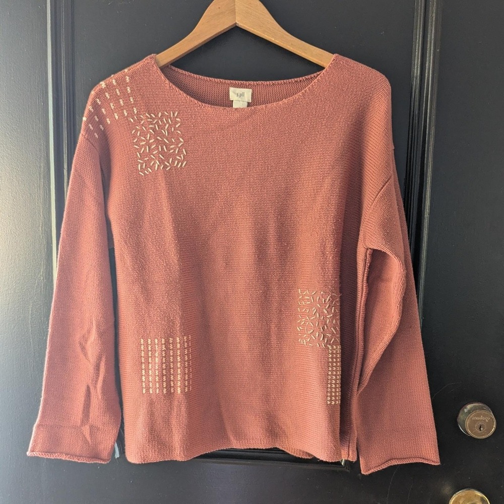 J. Jill Sweater Coral Embroidered Sashiko Knit Long Sleeve Sz M Cottagecore